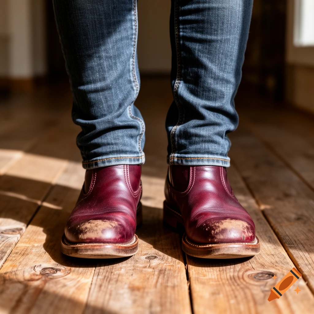 A person stands on a wooden floor, wearing dark blue jeans and worn burgundy leather boots.