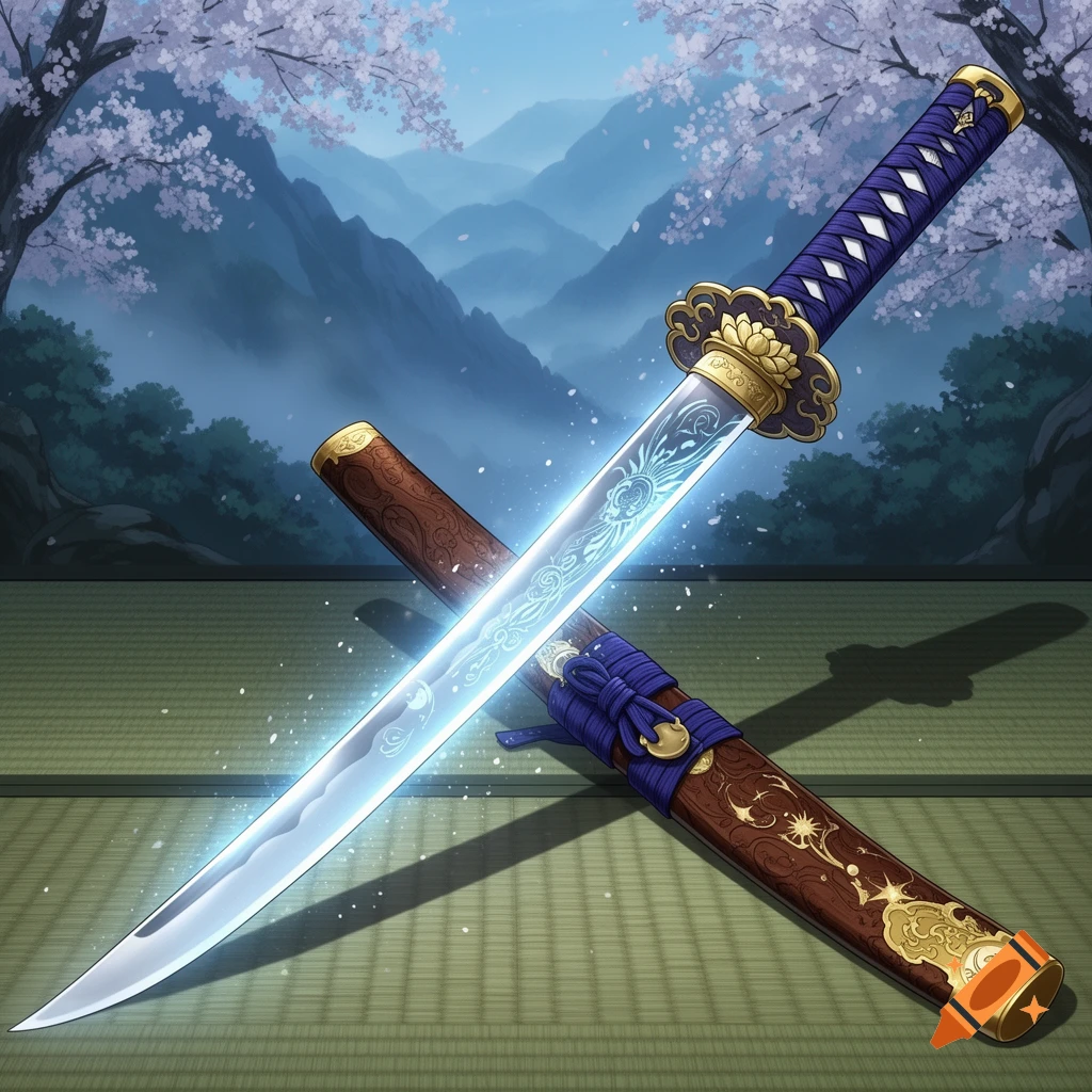 A glowing anime magic katana and its ornate sheath on a tatami mat, with a misty mountain and cherry blossom background.