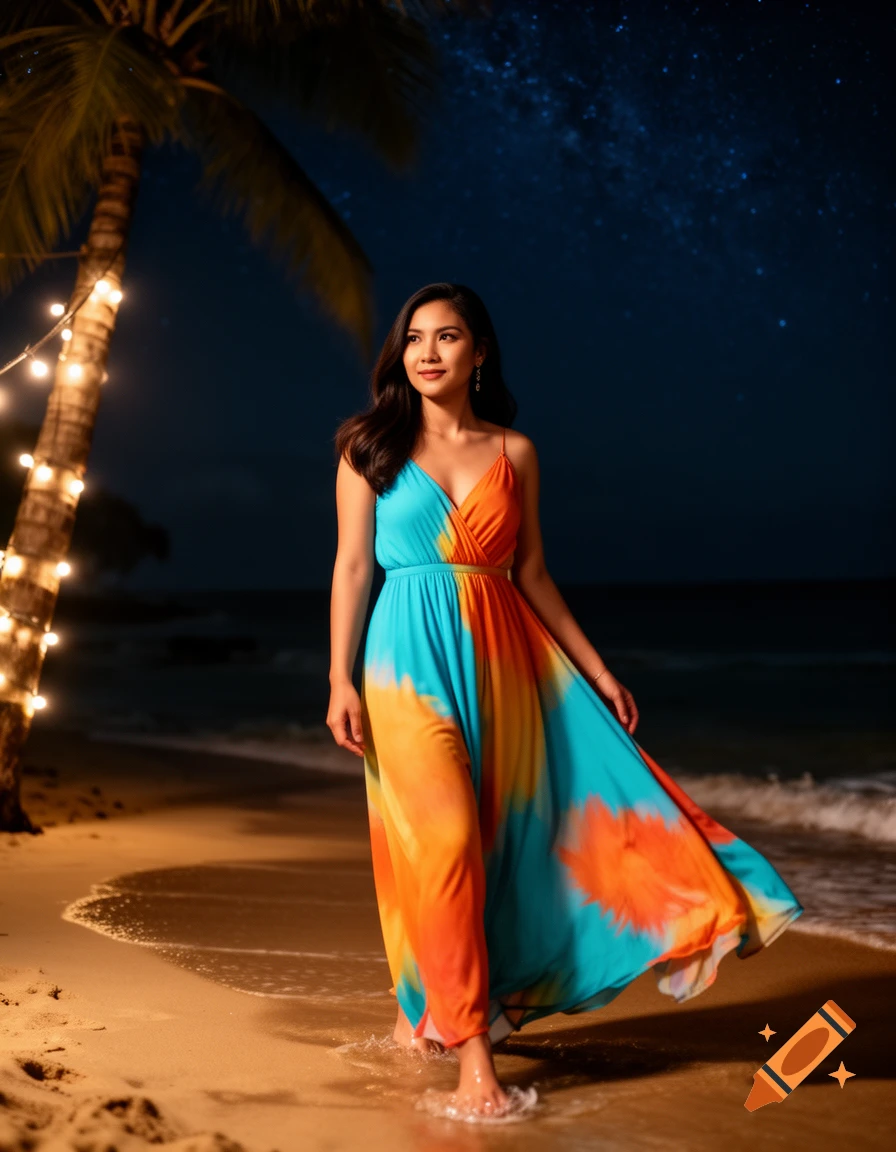 A woman in a colorful tie-dye dress walks on a sandy beach at night, illuminated by string lights on a palm tree under a starry sky.