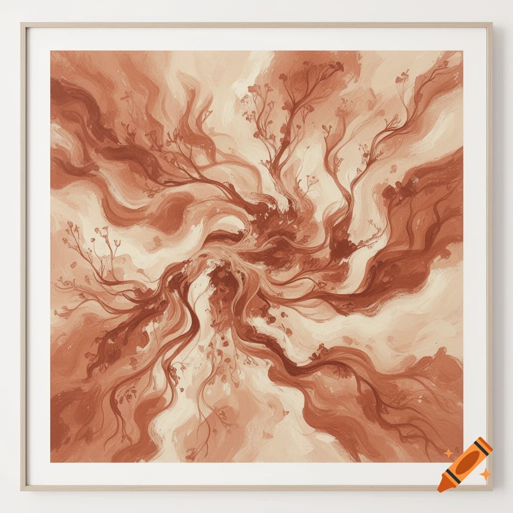 Abstract painting featuring swirling, organic brushstroke forms in a terracotta, rust, and cream palette, framed.