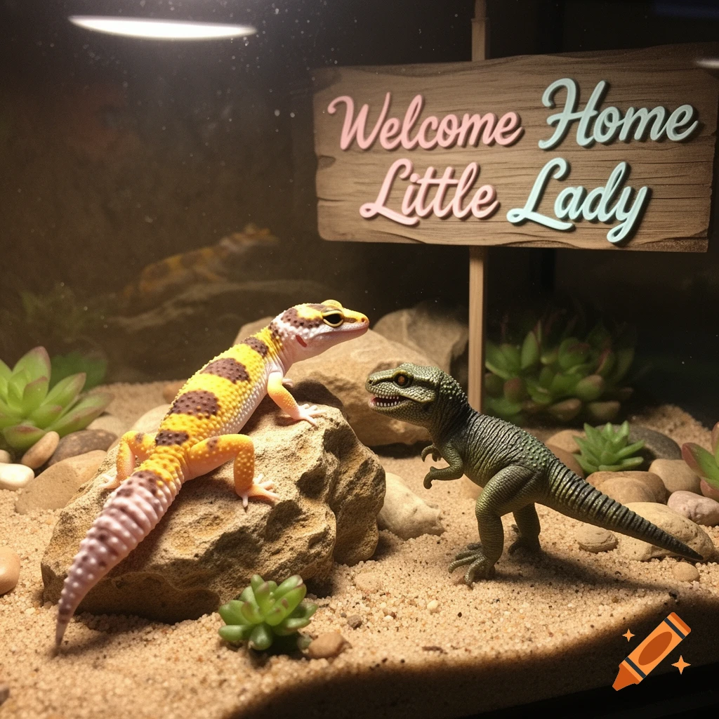 A leopard gecko on a rock facing a T-rex toy in a terrarium under a 'Welcome Home Little Lady' sign.