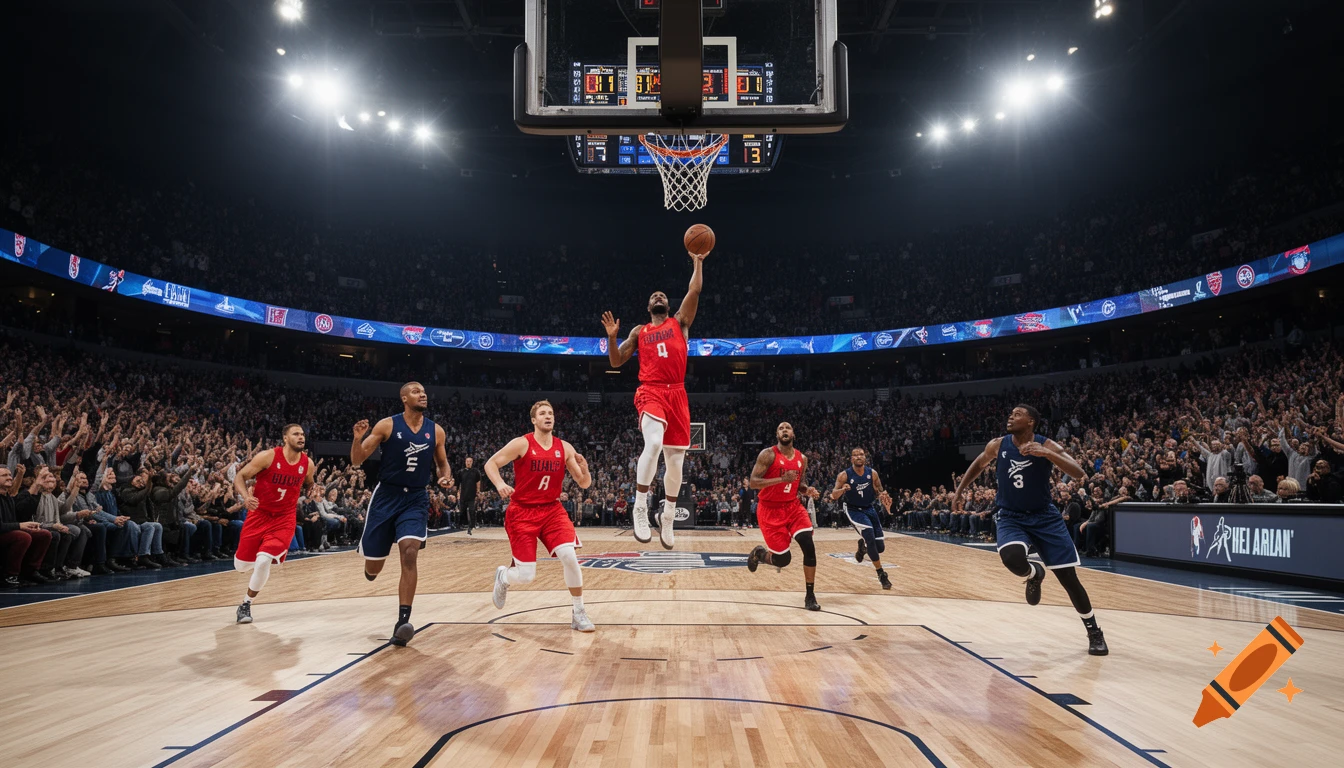 A basketball player in a red jersey jumps for a layup during a game in a brightly lit arena filled with spectators.