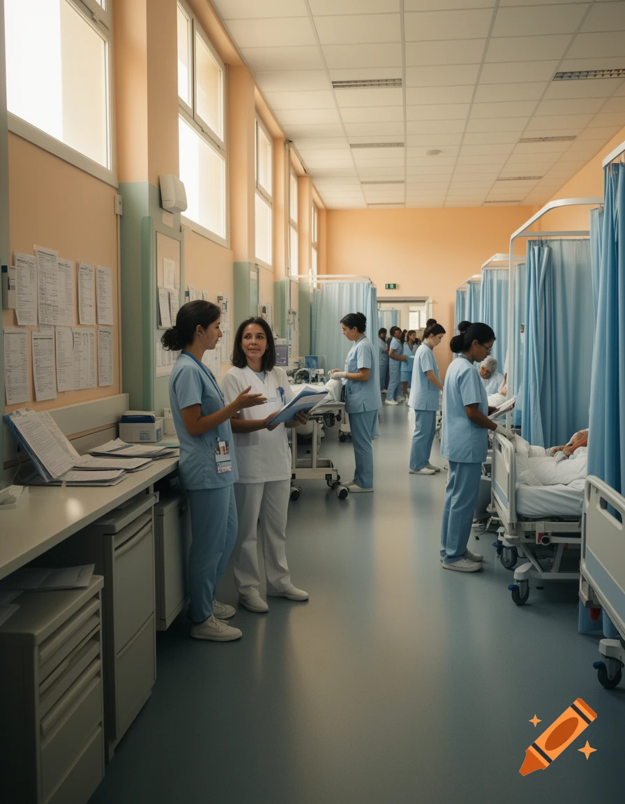 Photorealistic image of nurses working in a busy hospital hallway with patients in beds.