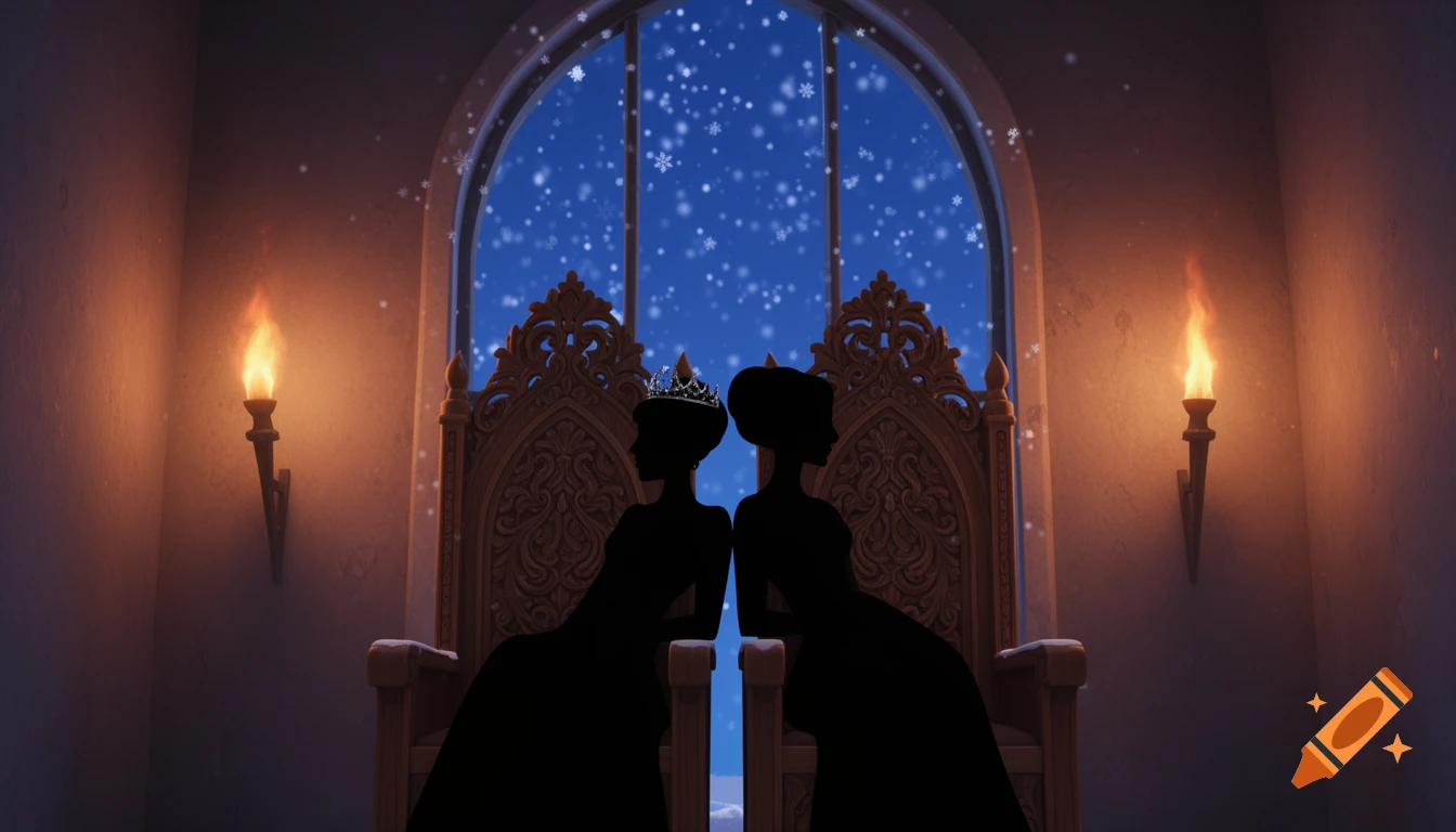 Two silhouetted royal figures with one wearing a crown sit on carved thrones, lit by torches, with snow falling outside an arched window in a 2D animation style.