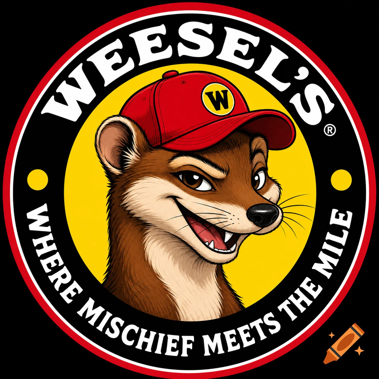 Circular logo featuring a cartoon weasel wearing a red baseball cap with a yellow 'W', against a yellow background. Text reads 'WEESEL'S' and 'WHERE MISCHIEF MEETS THE MILE'.