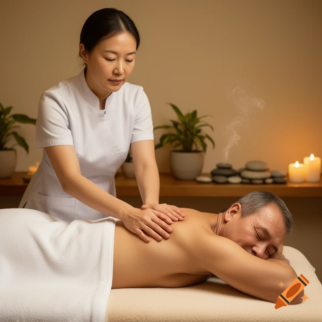 A woman in a white uniform gives a relaxing back massage to a man lying on a table in a dimly lit spa room with candles and plants.
