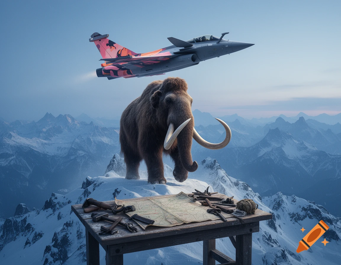 Photorealistic image of a woolly mammoth on a snowy mountain peak with a pink and orange jet flying overhead, and a workbench in the foreground.