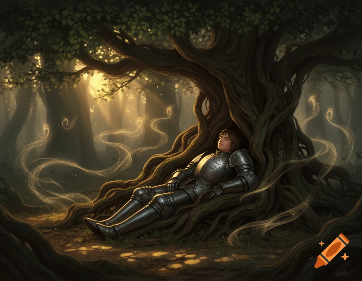 A knight in full armor rests under a large, gnarled tree in a magical forest with glowing wisps, in a dark fantasy art style.
