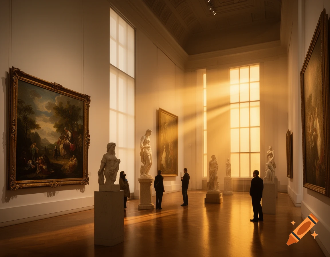Golden sunlight streams through large windows in a grand museum, illuminating classical paintings, sculptures, and a few visitors observing art.
