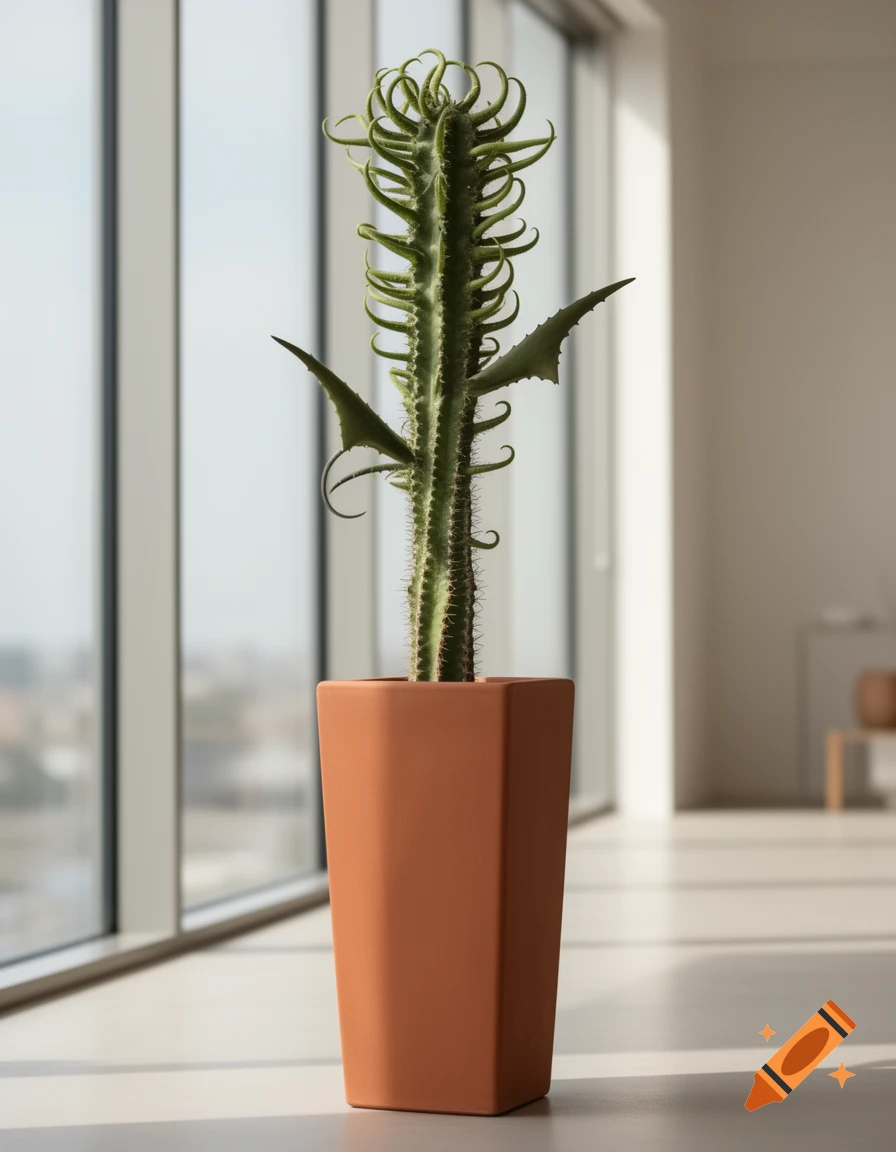 A tall, stylized cactus with curly, spiky growth sits in a rectangular terracotta pot by a large window.