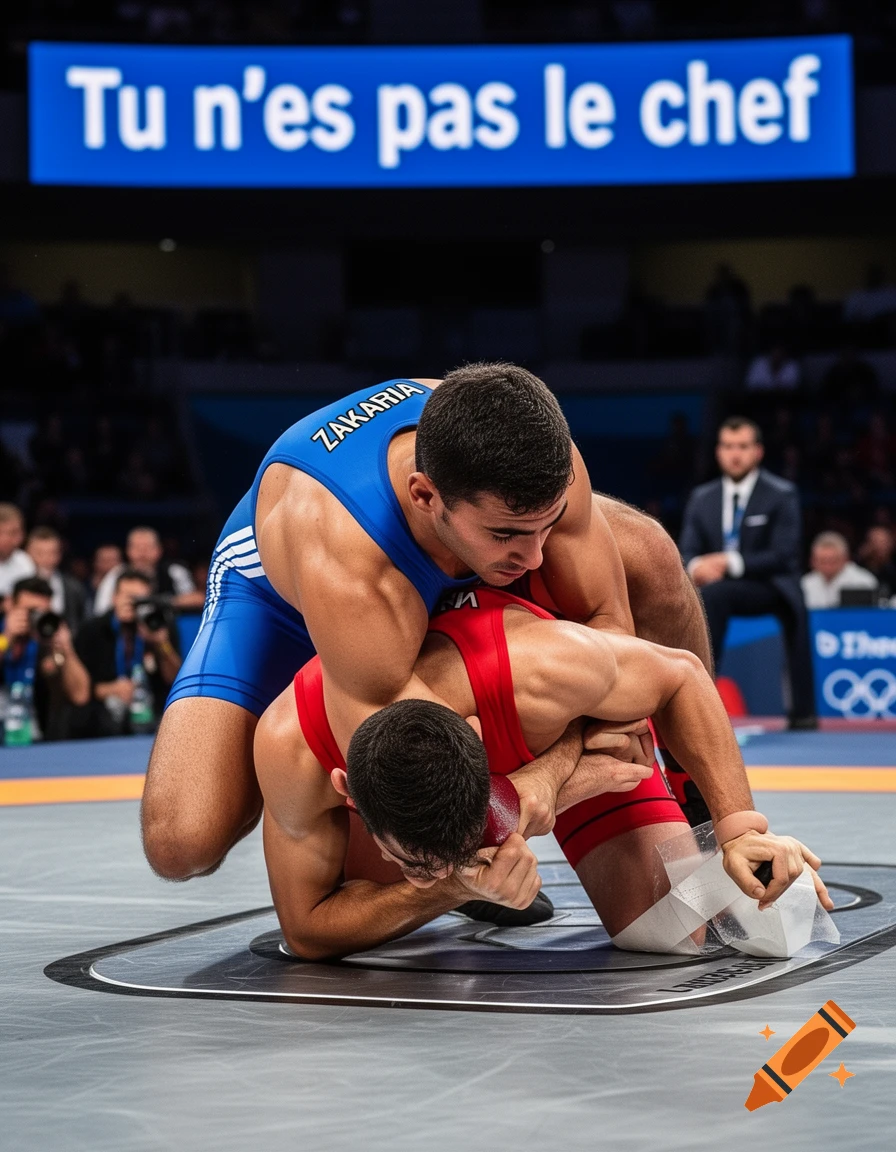 Two male wrestlers in singlets, one in blue labeled 'ZAKARIA' on top of another in red, grappling on a mat in an arena. A blue screen above reads 'Tu n'es pas le chef'.