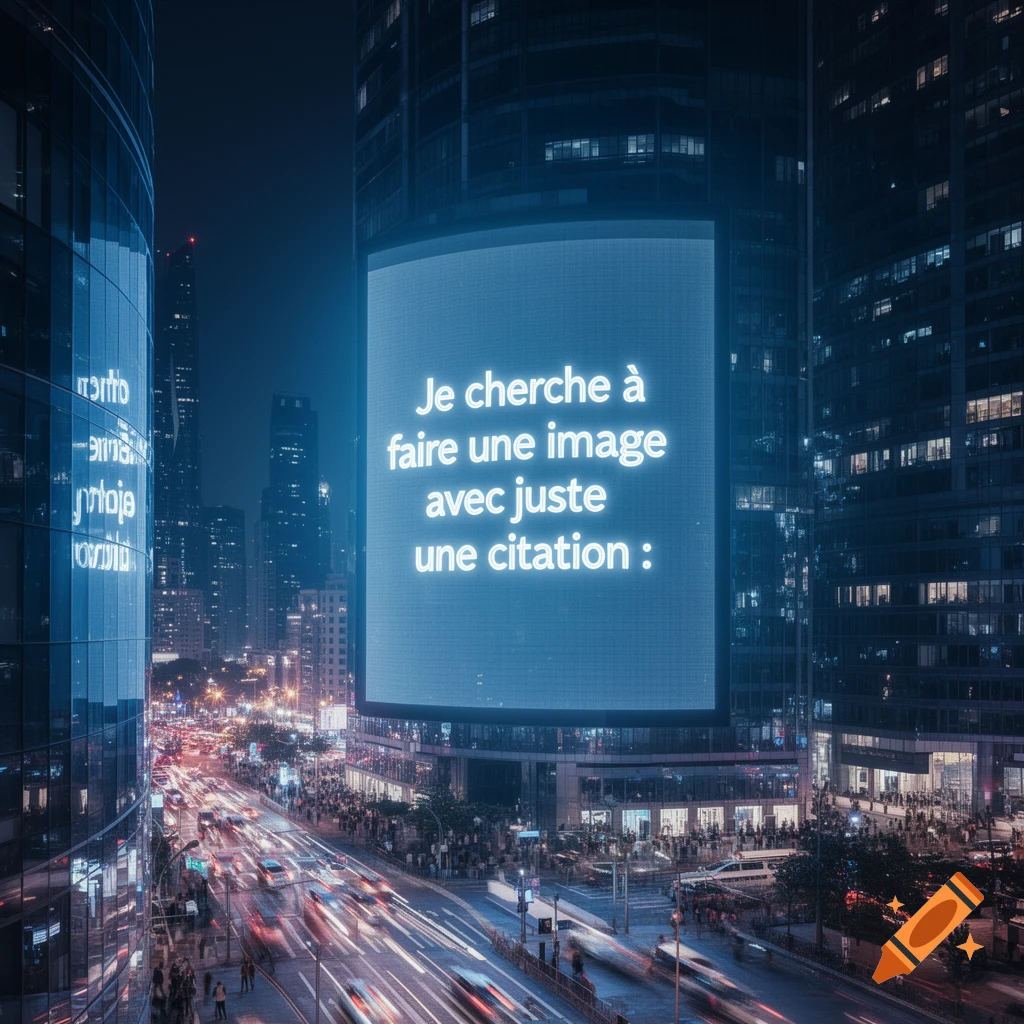 Photorealistic cityscape at night with blurred car lights, tall buildings, and a large illuminated screen displaying French text.
