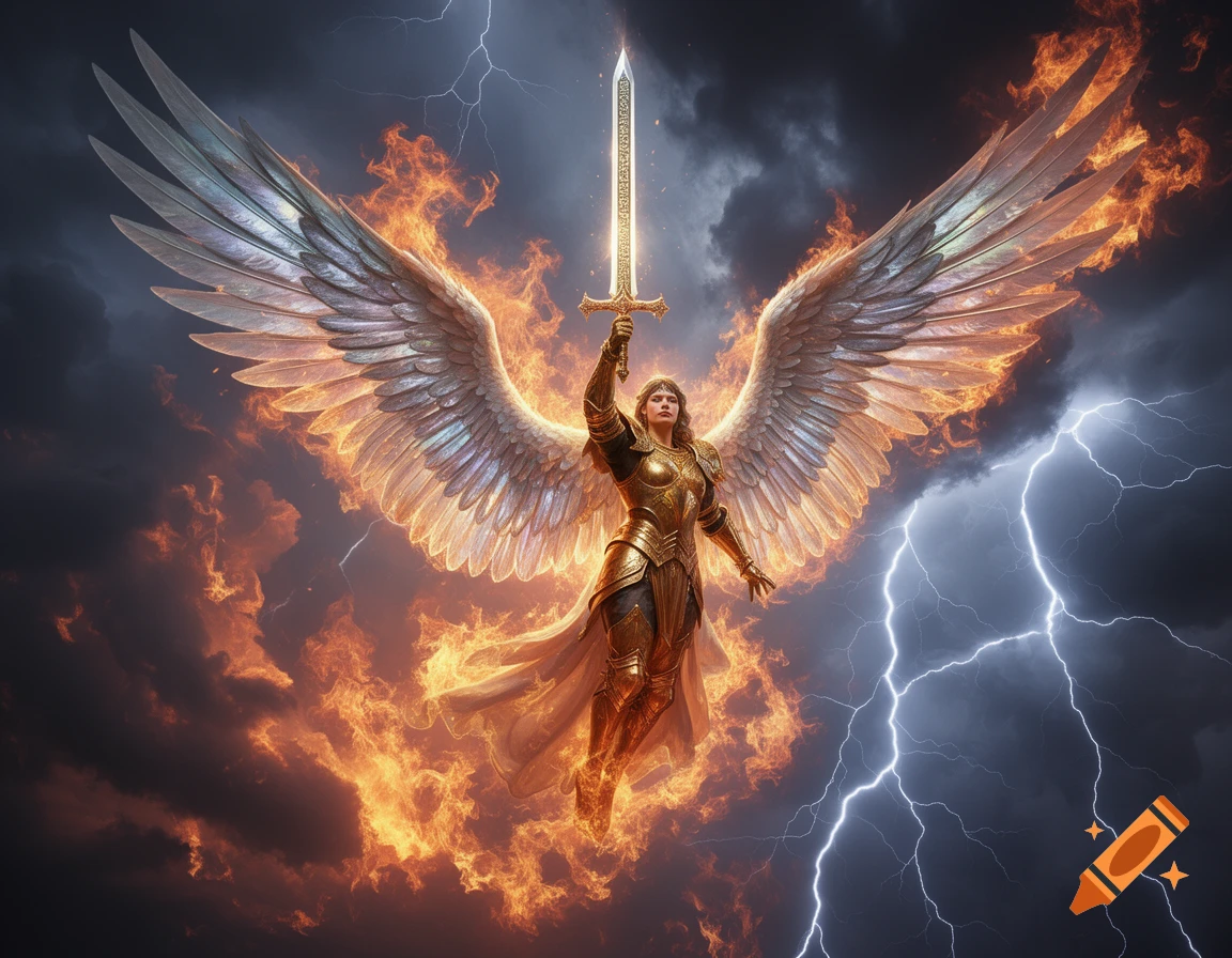 A winged warrior in golden armor flies through a stormy sky, holding a glowing sword amidst fire and lightning.