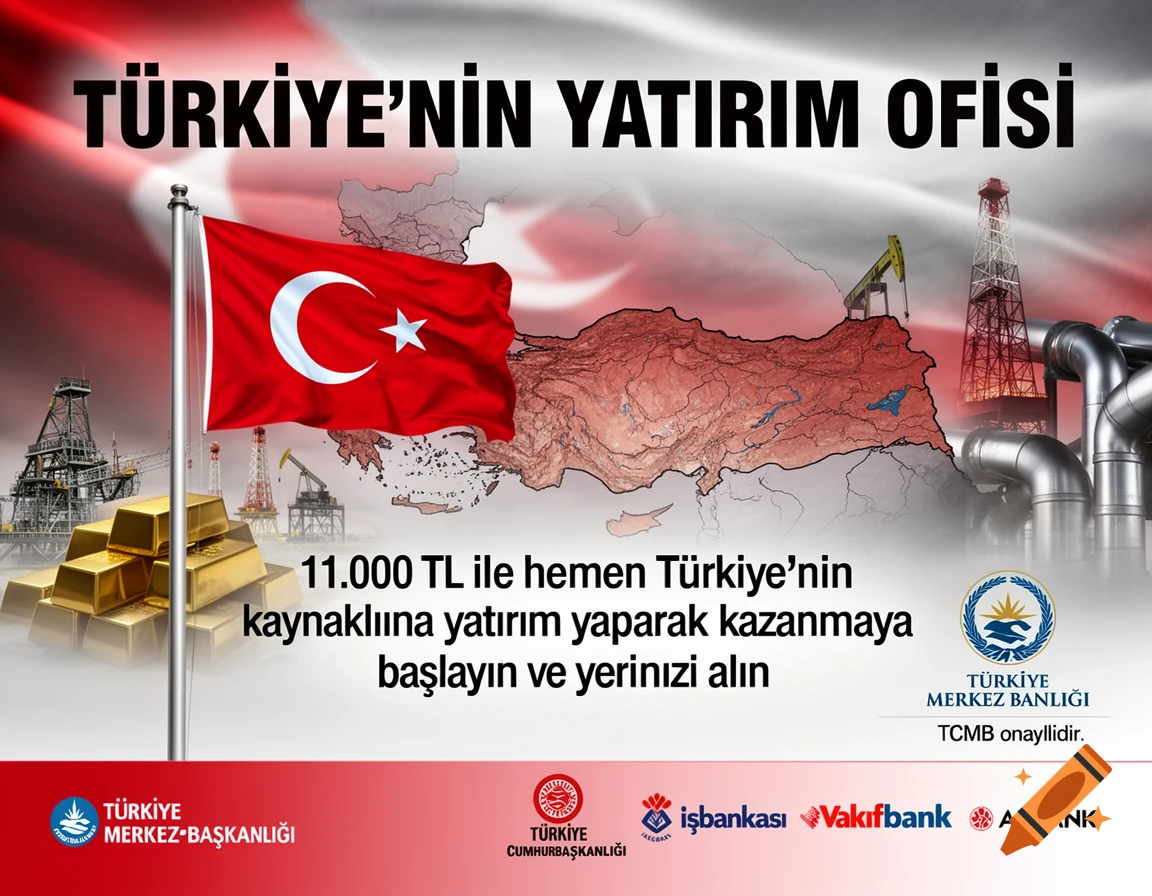 An investment advertisement with a Turkish flag and map, gold bars, oil rigs, and pipes. Text at top: 'TÜRKİYE'NİN YATIRIM OFİSİ'. Various bank logos are at the bottom.