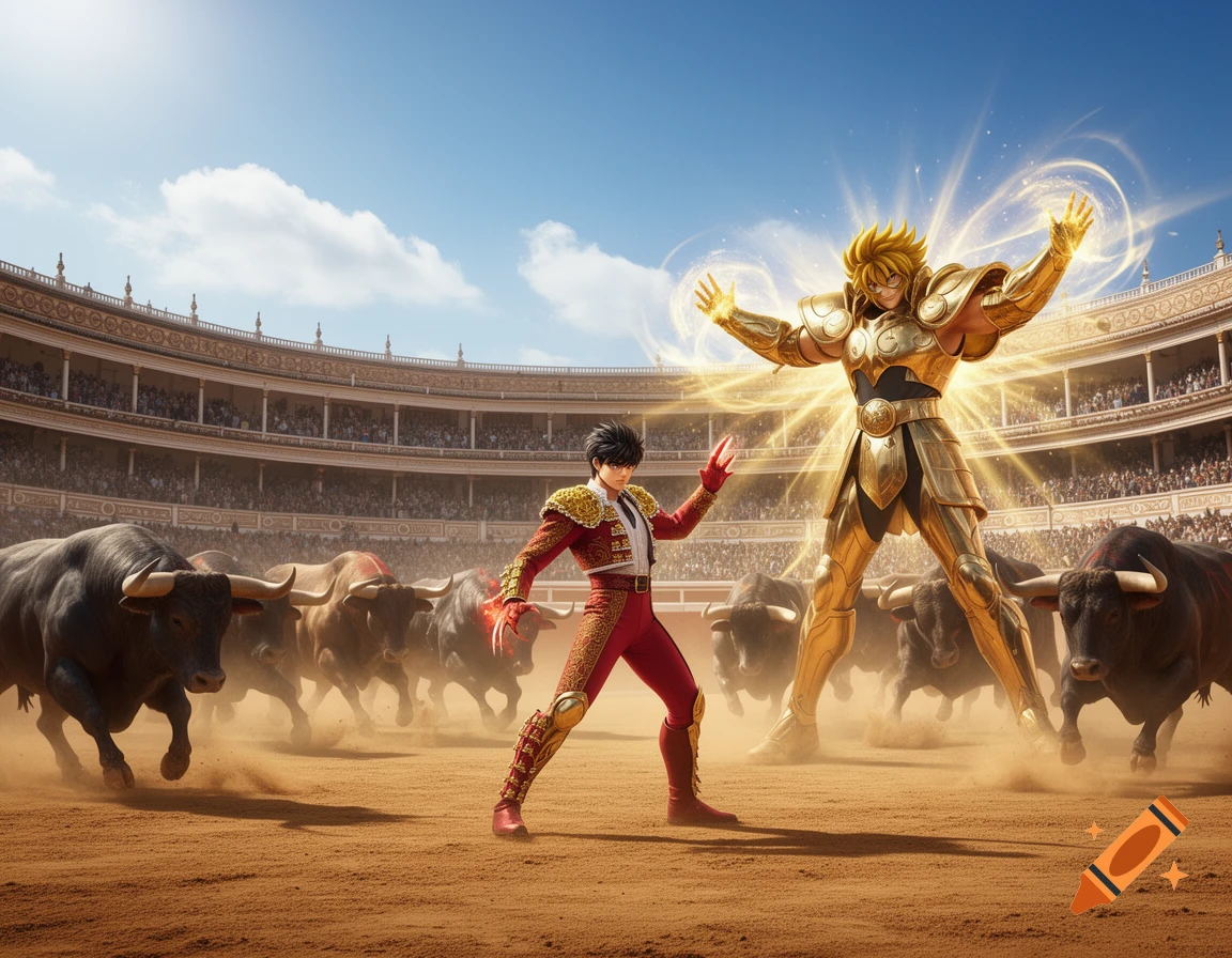 Anime-style characters Vega and Aldebaran battle a herd of bulls in a bullfighting arena.