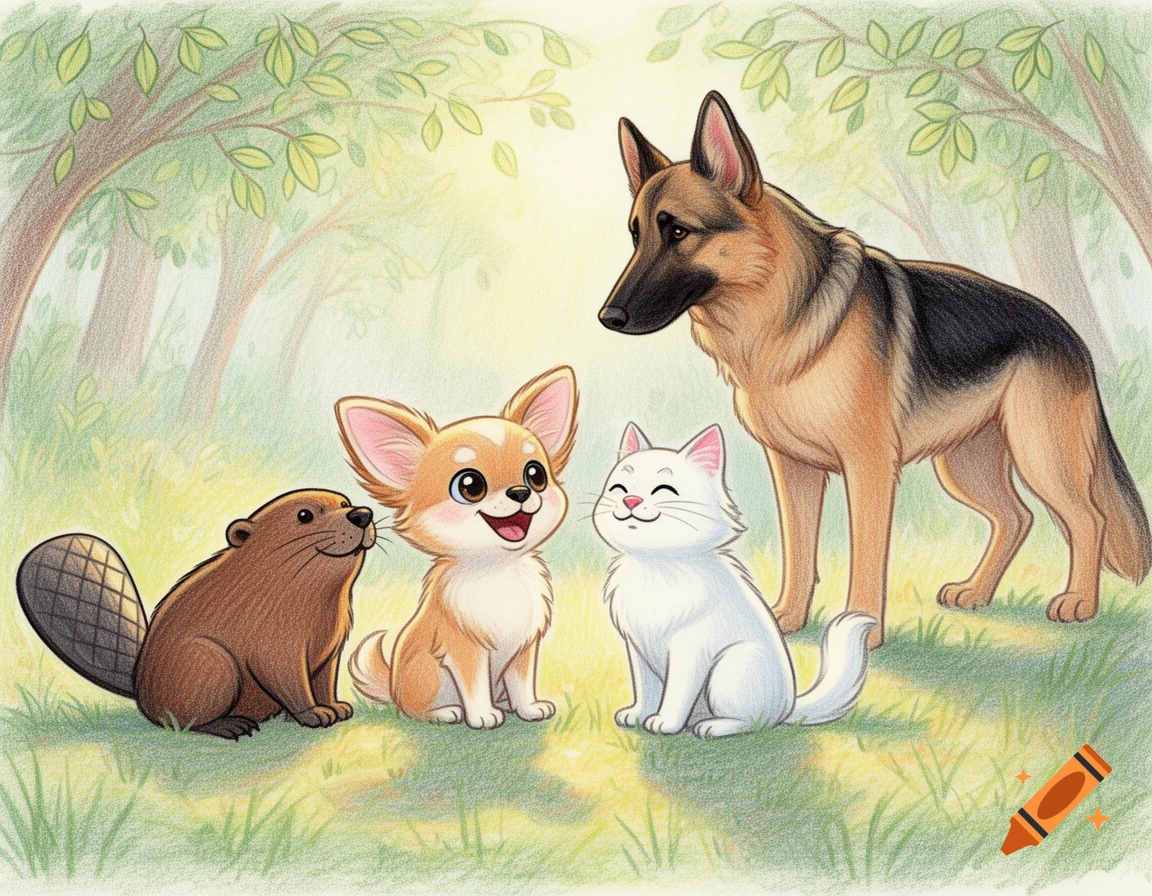 A crayon illustration of a beaver, a happy chihuahua, a smiling white cat, and a German Shepherd dog in a forest.