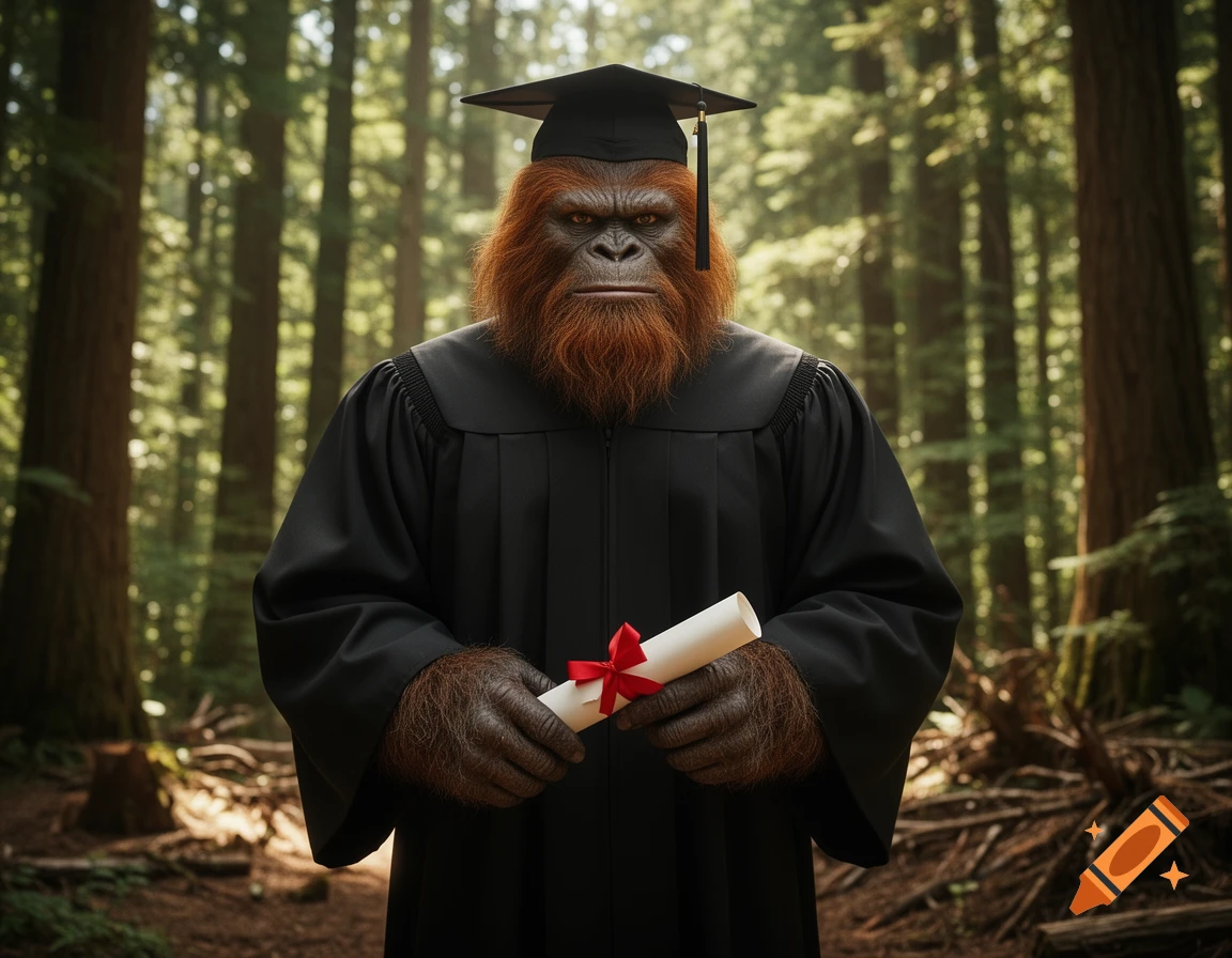 A photorealistic sasquatch in a black graduation gown and cap holds a diploma scroll in a forest.