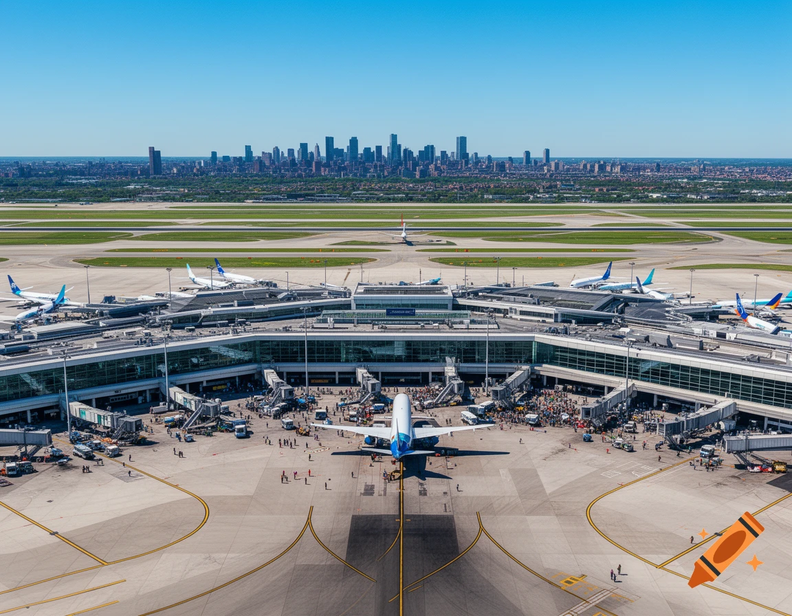Aerial photorealistic view of a bustling airport with multiple aircraft at gates, runways, and a city skyline in the distance under a clear blue sky.