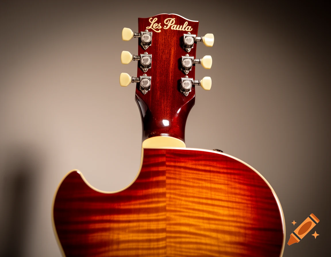 A detailed, close-up shot of the back of a cherry sunburst electric guitar, featuring the headstock with tuning pegs and 'Les Paula' inscribed on it, and the flame maple body.