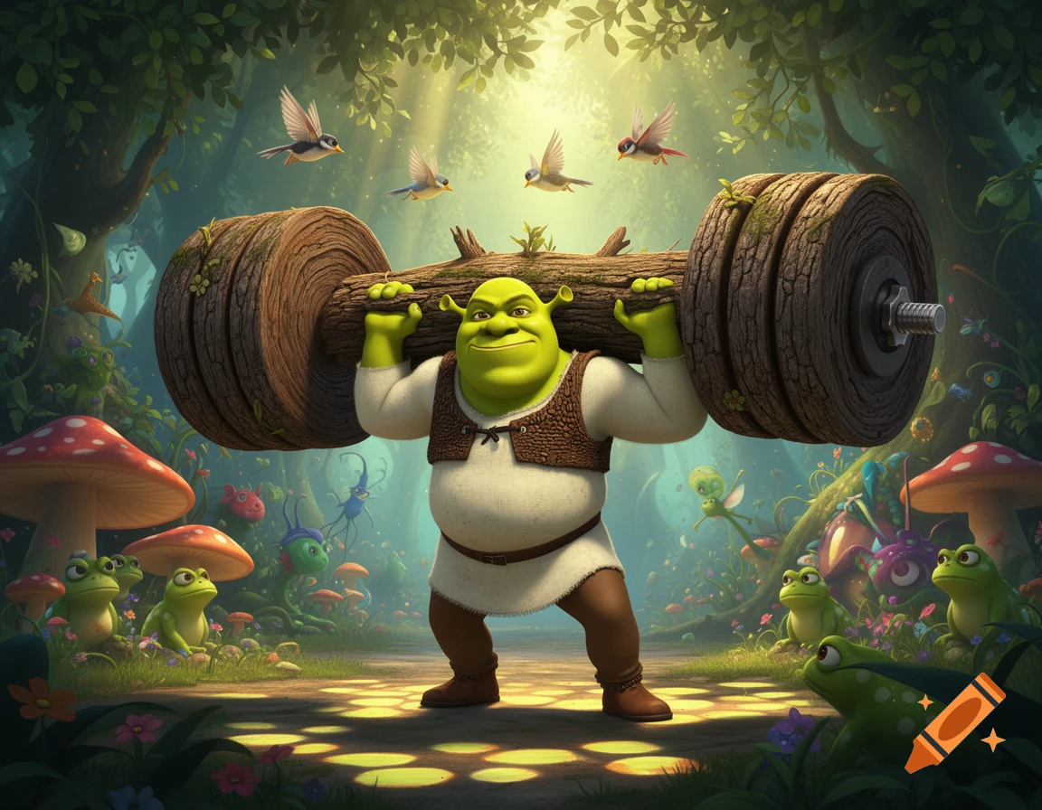 Shrek lifts a log barbell in an enchanted forest, surrounded by frogs and mushrooms, in a vibrant cartoon style.