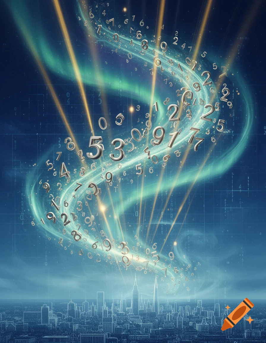Silver numbers swirl above a futuristic blue cityscape under a sky with green aurora and golden light beams.