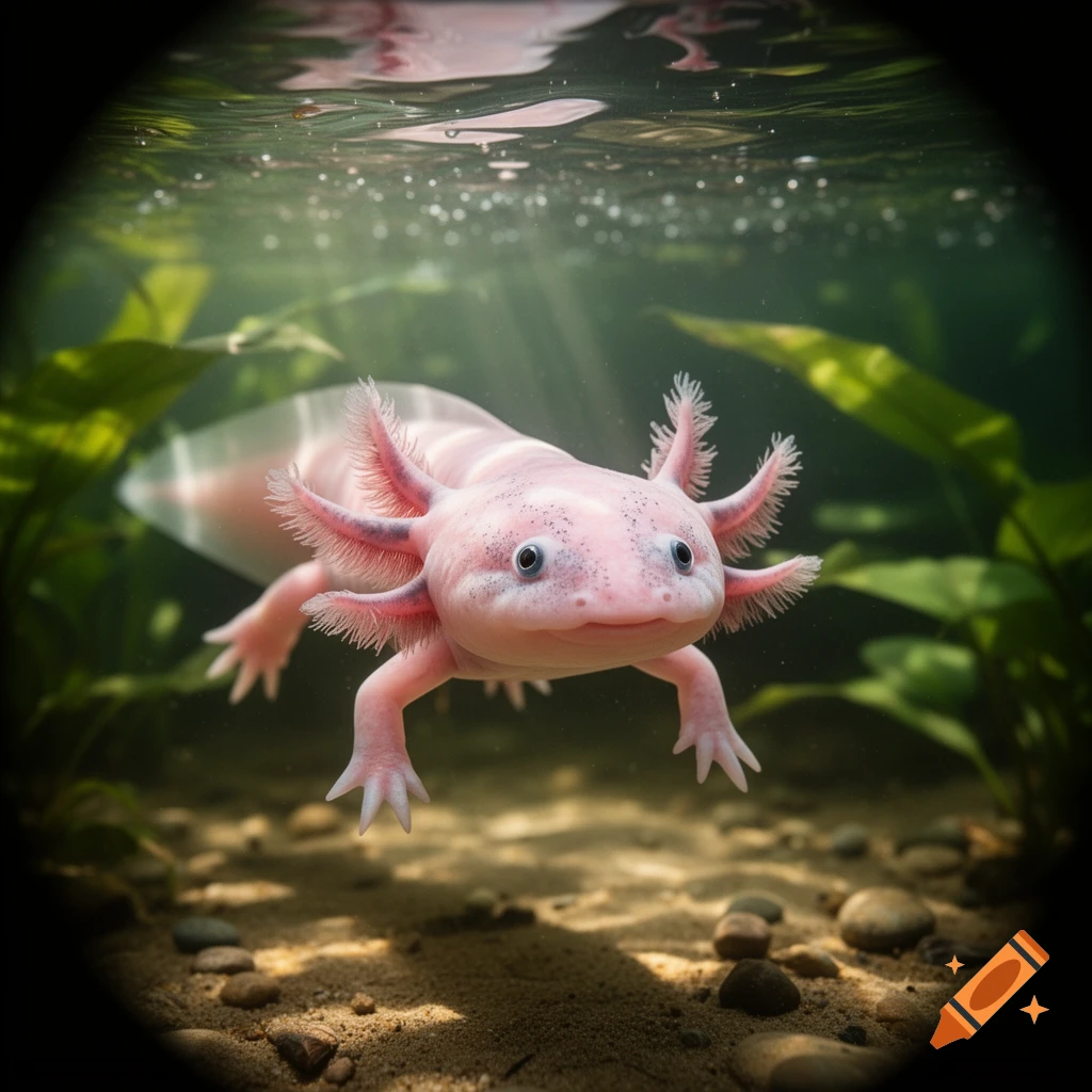 A pink axolotl with feathery gills swims in clear water above a sandy bottom, surrounded by green aquatic plants and sunbeams.