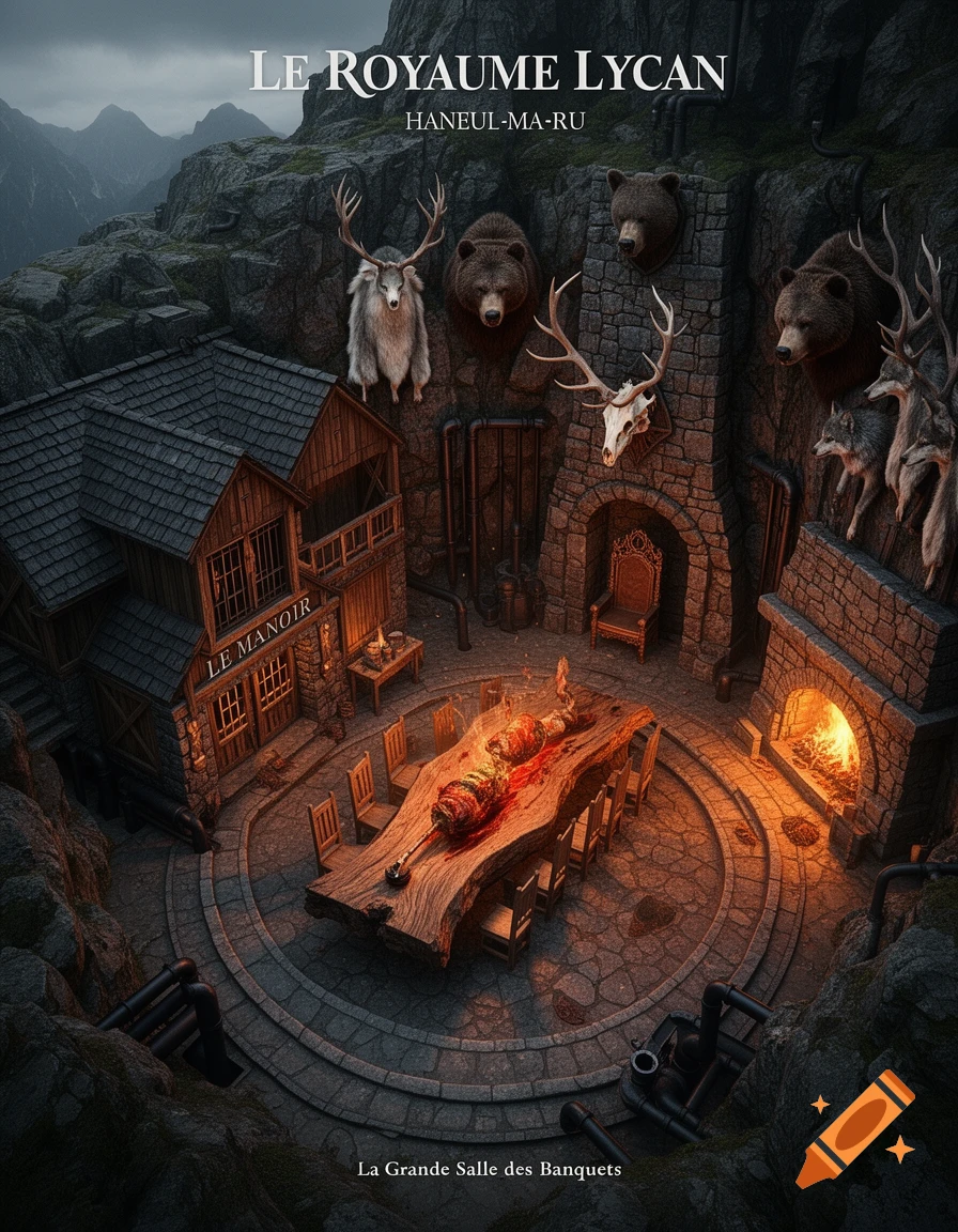 A dark fantasy-style stone and wood banquet hall called 'Le Manoir' set high in a mountain, with a long table, fireplace, and animal taxidermy on the walls.