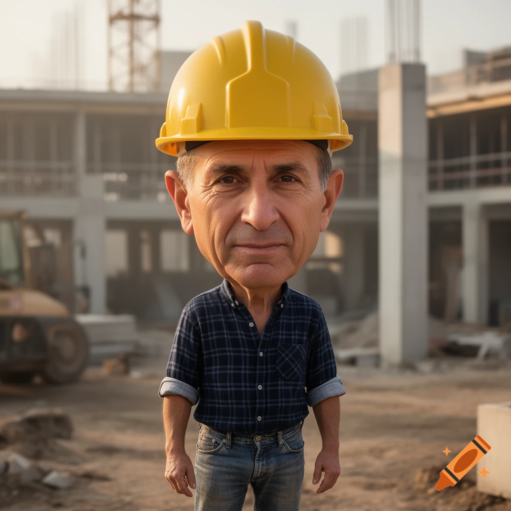 Caricature of a man with an oversized head wearing a yellow hard hat, plaid shirt, and jeans, standing at a construction site.