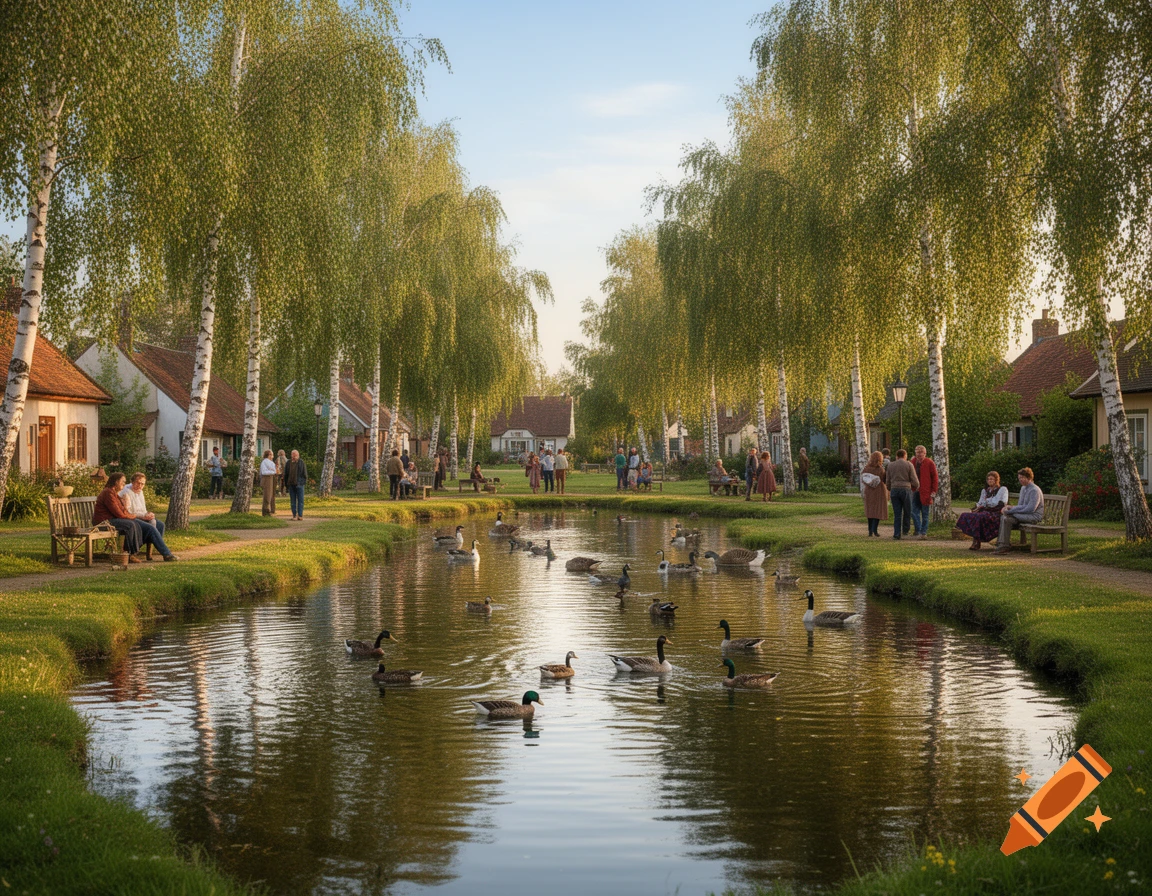 Photorealistic village green with birch trees, a pond, ducks, and people enjoying the sunny day.