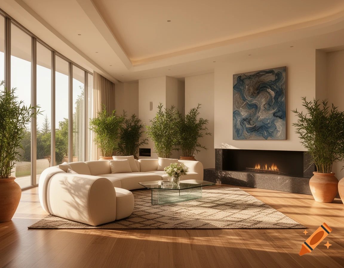 A bright, modern living room with a cream sectional sofa, a fireplace, large windows, and many potted bamboo plants, bathed in sunlight.