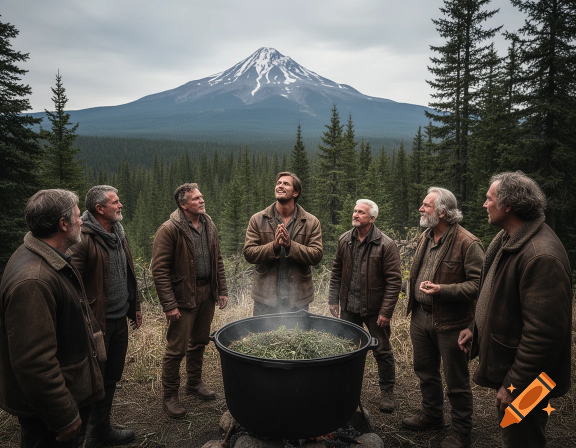 A group of men in old-fashioned clothing stand around a smoking cauldron in a forest, with a snow-capped mountain in the background. Photorealistic style.
