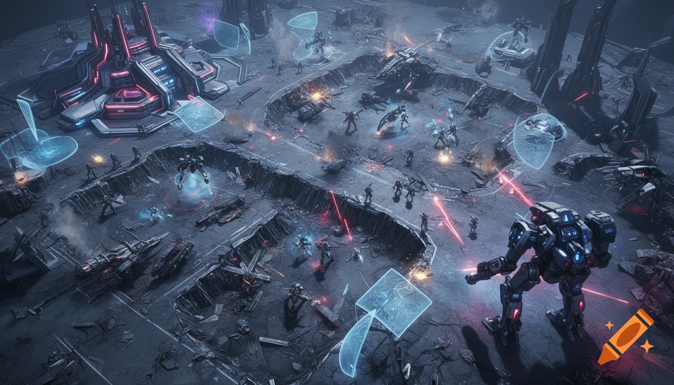 Top-down view of a detailed sci-fi battlefield with robots, soldiers, and futuristic structures engaged in combat, with laser fire.