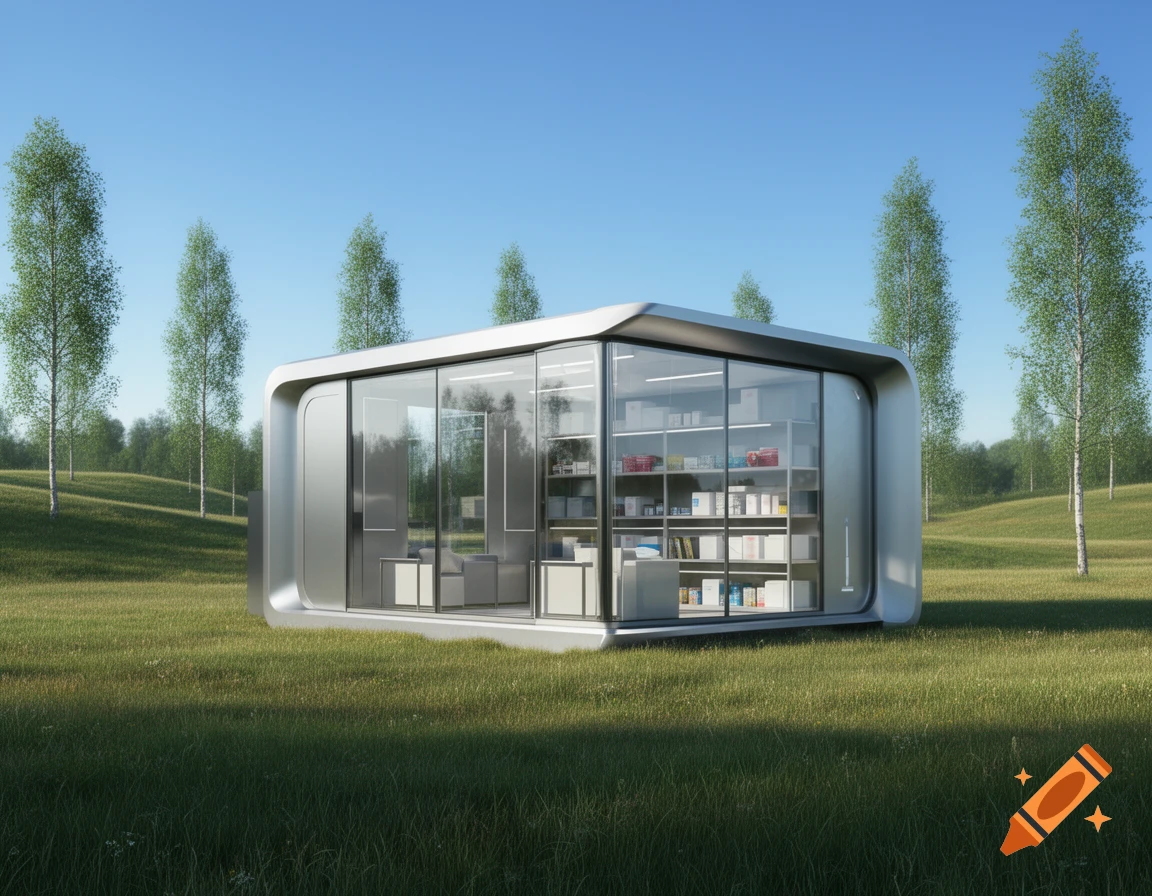 A sleek, modern glass and metal building, possibly a shelter, stands in a lush green field under a clear blue sky, surrounded by tall slender trees.