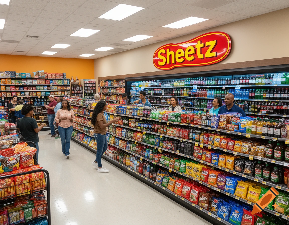 A busy Sheetz convenience store with multiple customers browsing aisles filled with snacks and beverages.