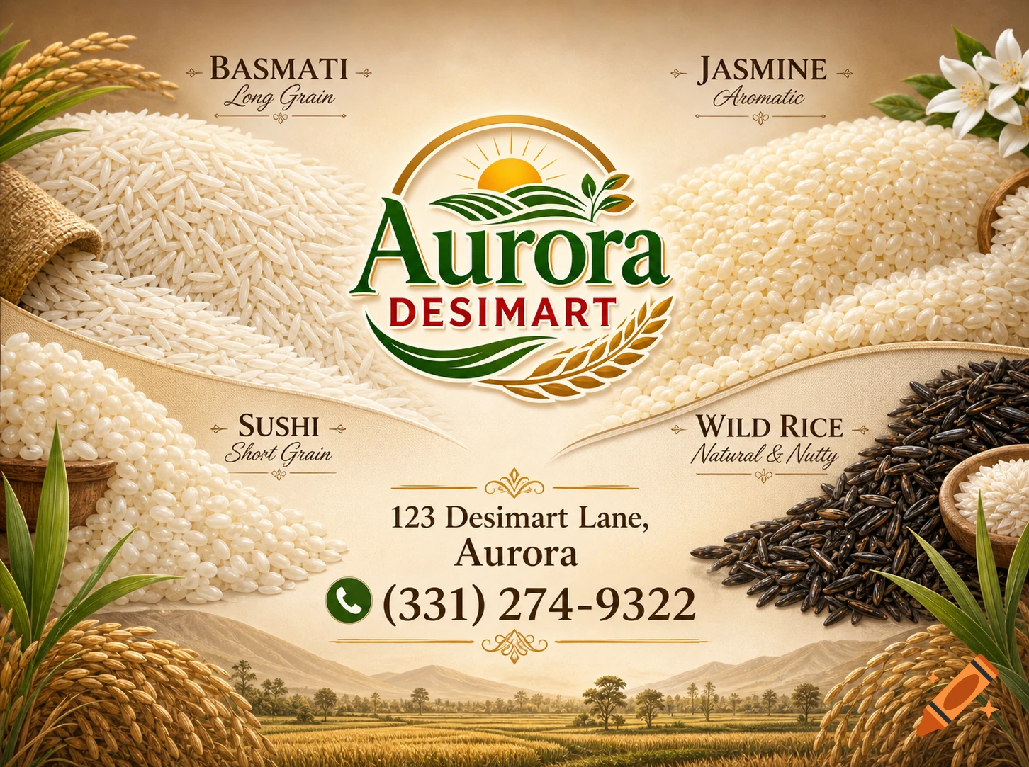 Advertisement for Aurora DESIMART showcasing Basmati, Jasmine, Sushi, and Wild rice, with brand logo, address, and phone number.