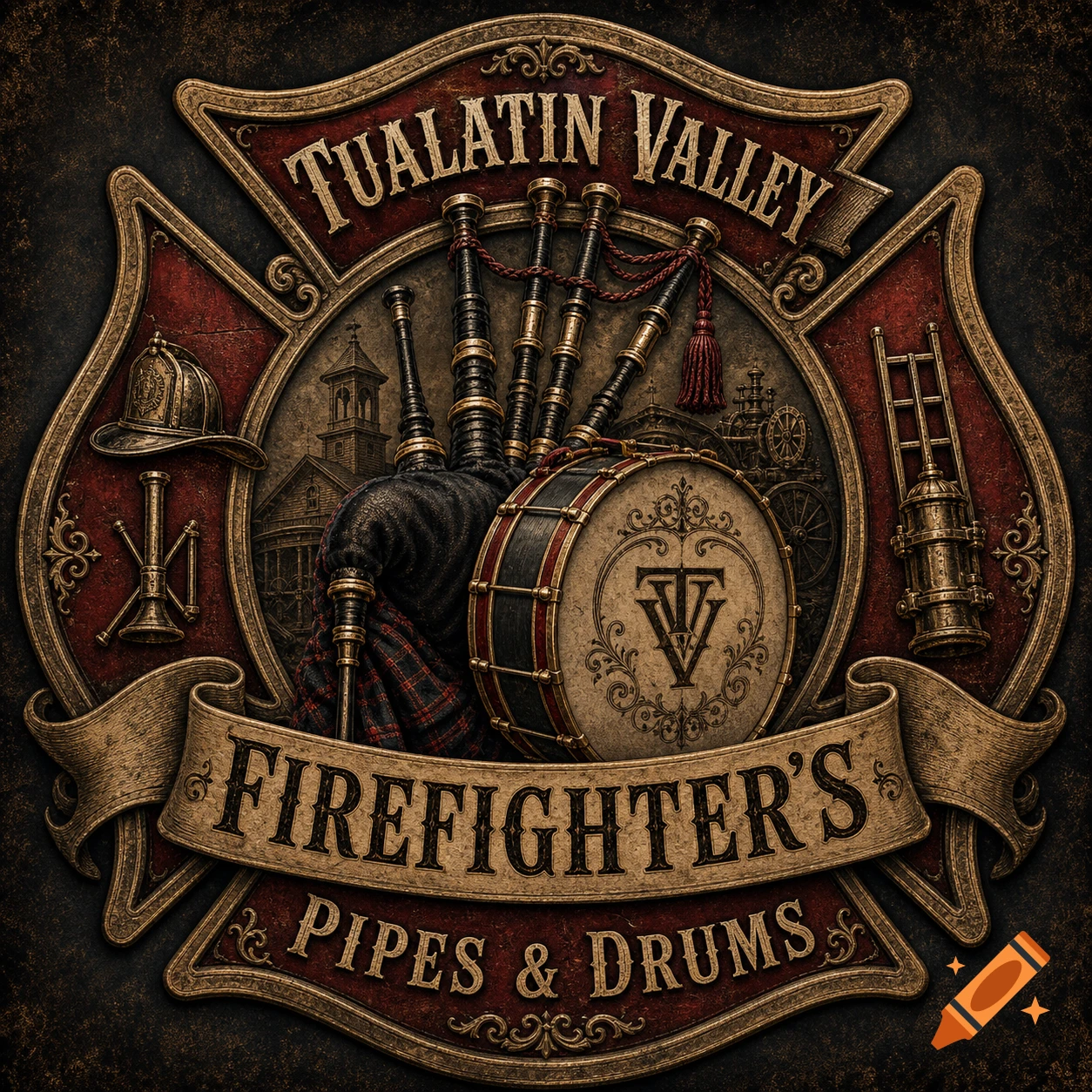 Ornate vintage logo in the shape of a Maltese cross, featuring bagpipes, a drum, and text 'Tualatin Valley Firefighter's Pipes & Drums'.
