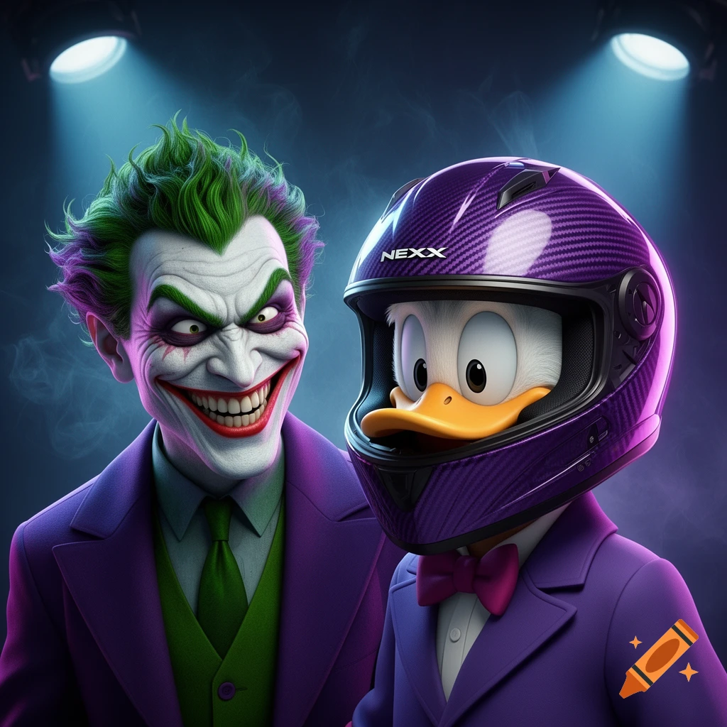The Joker with green hair and a wide grin stands next to Donald Duck wearing a purple carbon fiber NEXX helmet and suit, under spotlights.