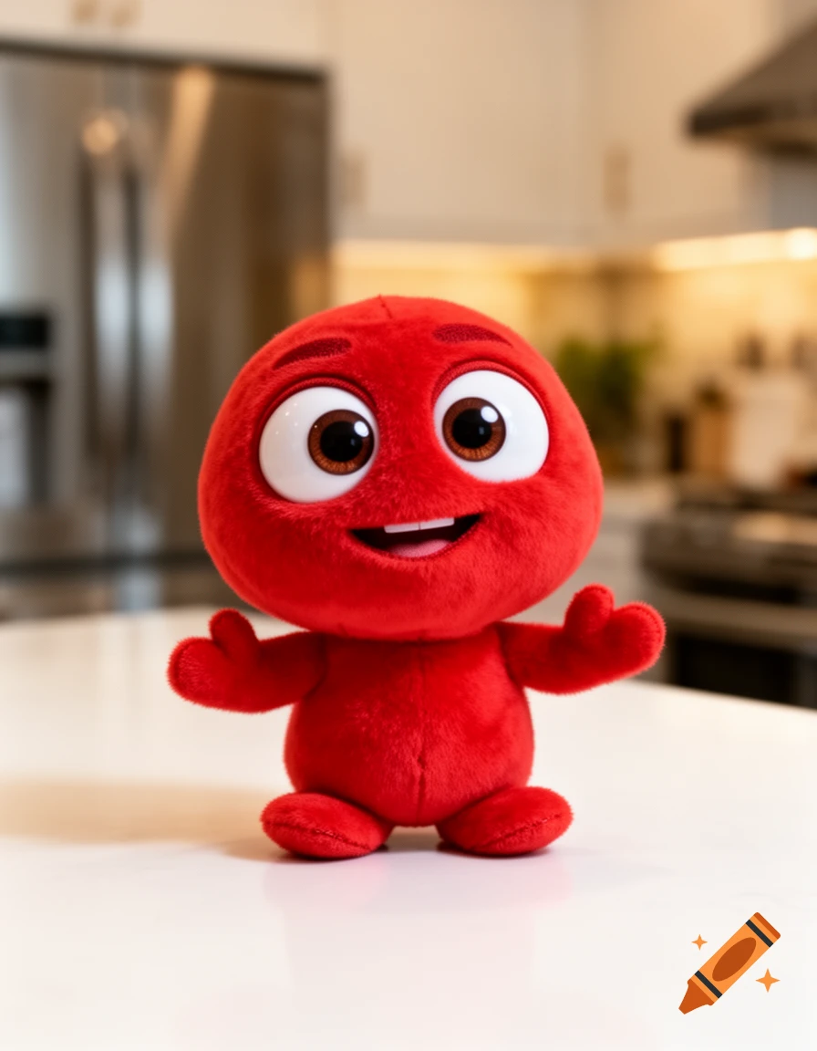 A red, round, plush character with big eyes and a wide smile stands on a white kitchen counter.