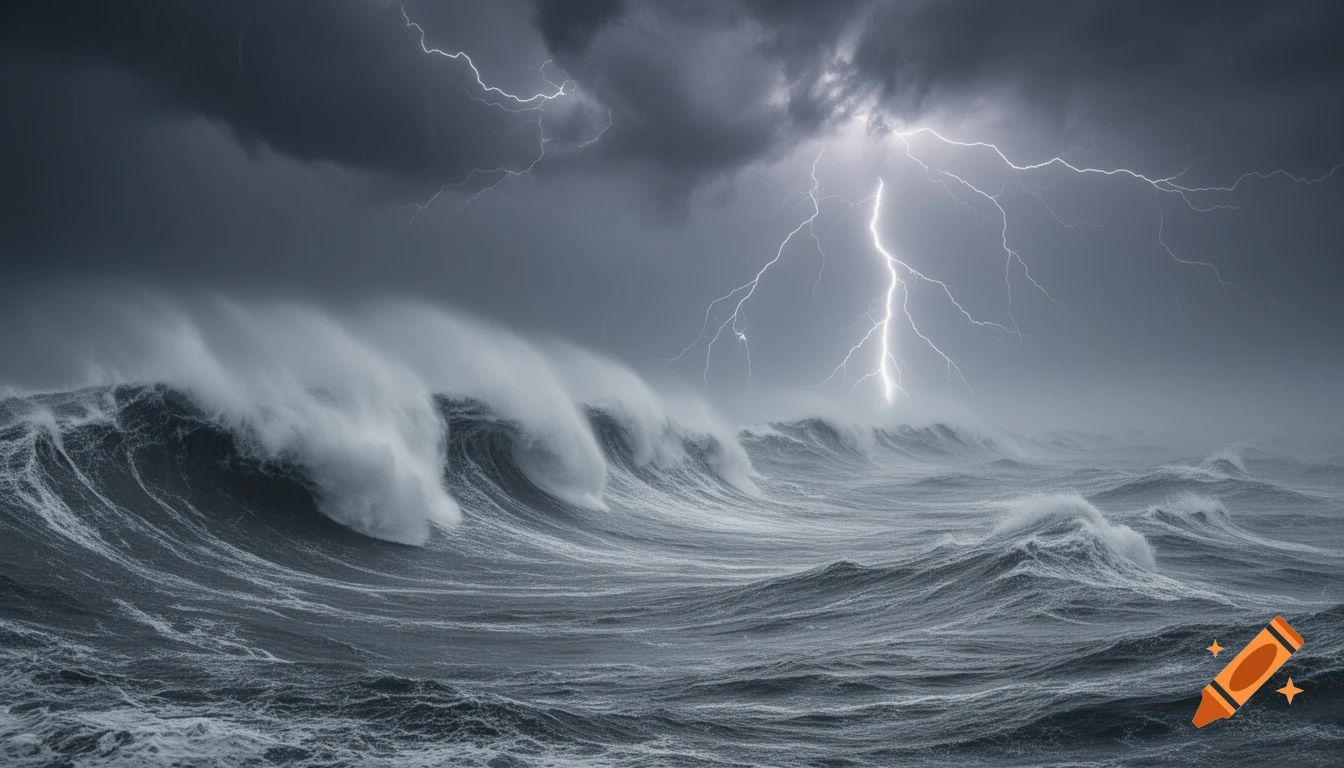 A dramatic, photorealistic image of a stormy ocean with huge crashing waves under a dark, cloud-filled sky illuminated by bright lightning strikes.