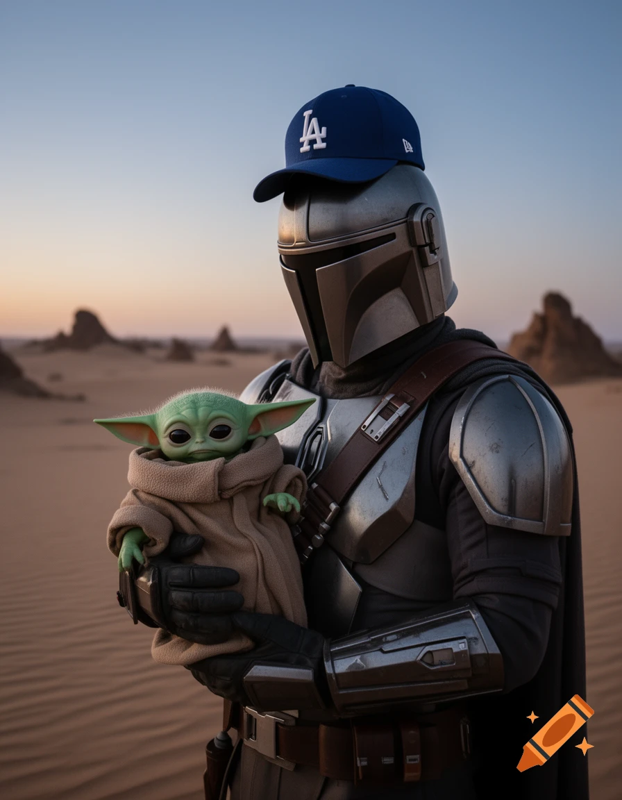 Photorealistic image of the Mandalorian in armor wearing a blue Dodgers cap, holding Grogu in a desert.