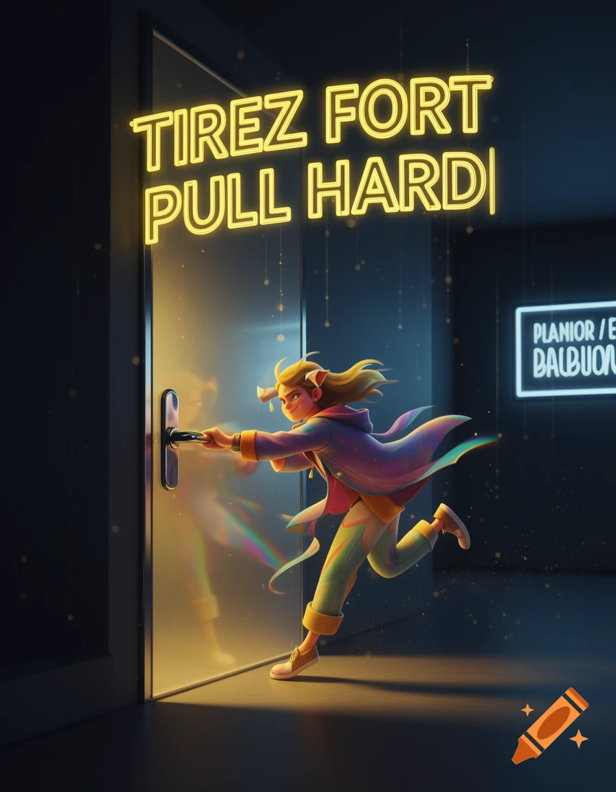 A vibrant illustration of a cartoon character in colorful clothes pulling a door handle. Above, a neon sign reads "TIREZ FORT PULL HARD".
