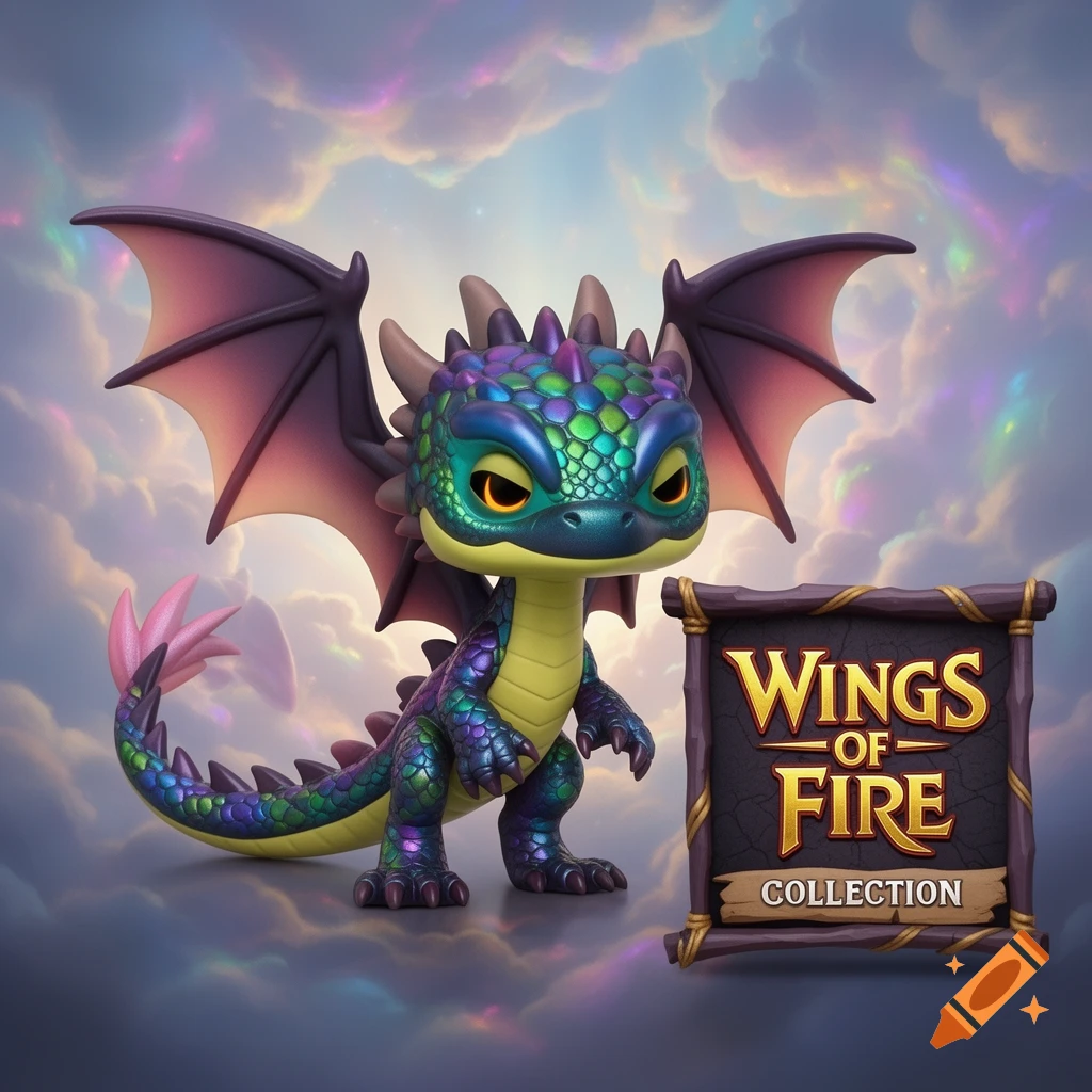A vibrant, stylized dragon figurine with purple wings and a teal-green scale pattern, standing next to a sign that says 'Wings of Fire Collection'.