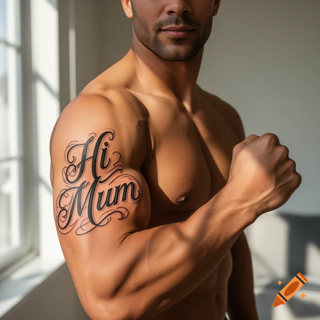 A muscular man with a 'Hi Mum' tattoo on his bicep flexes his arm.