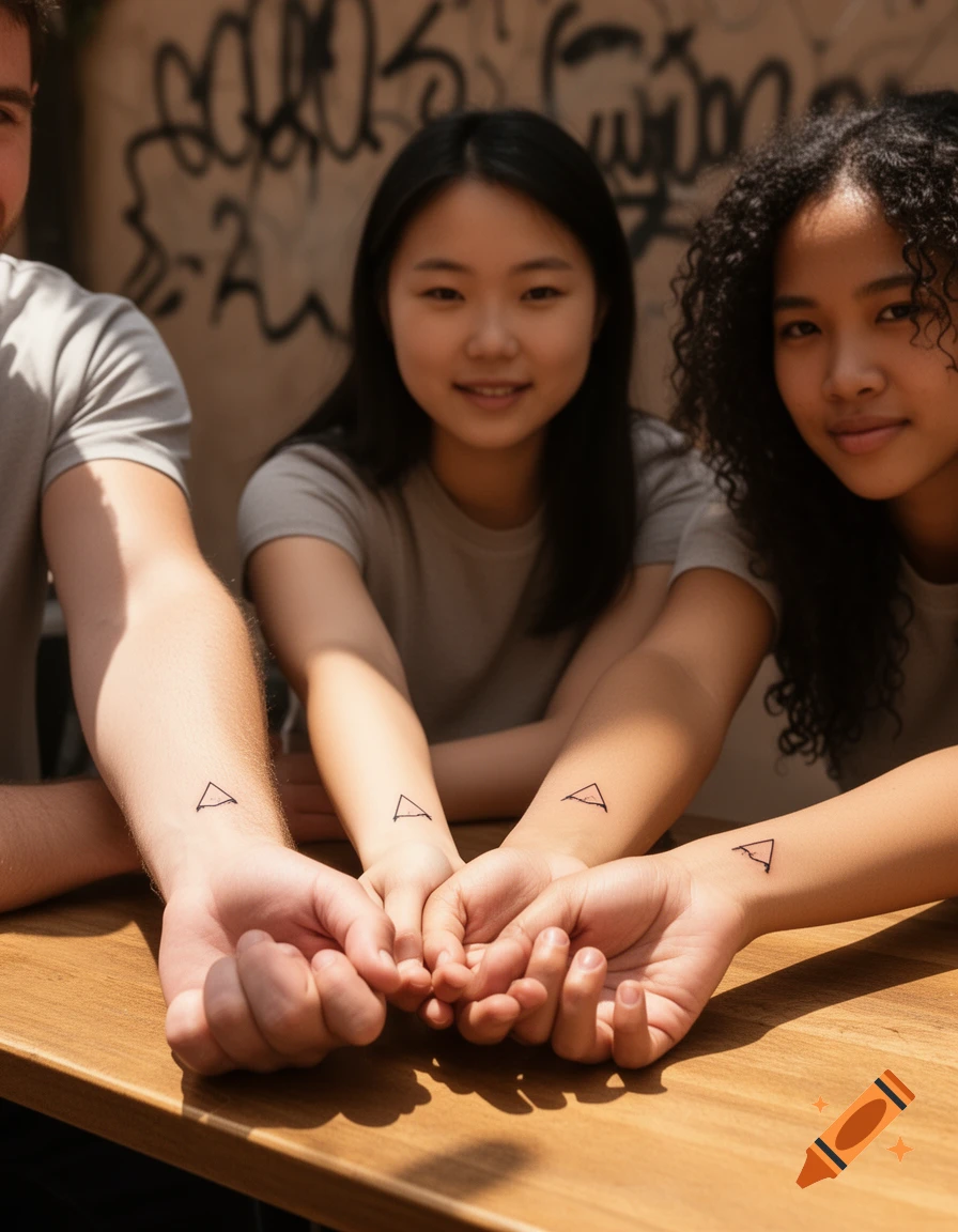 Three friends, one man and two women, show off subtle matching triangle tattoos on their wrists at a wooden table.