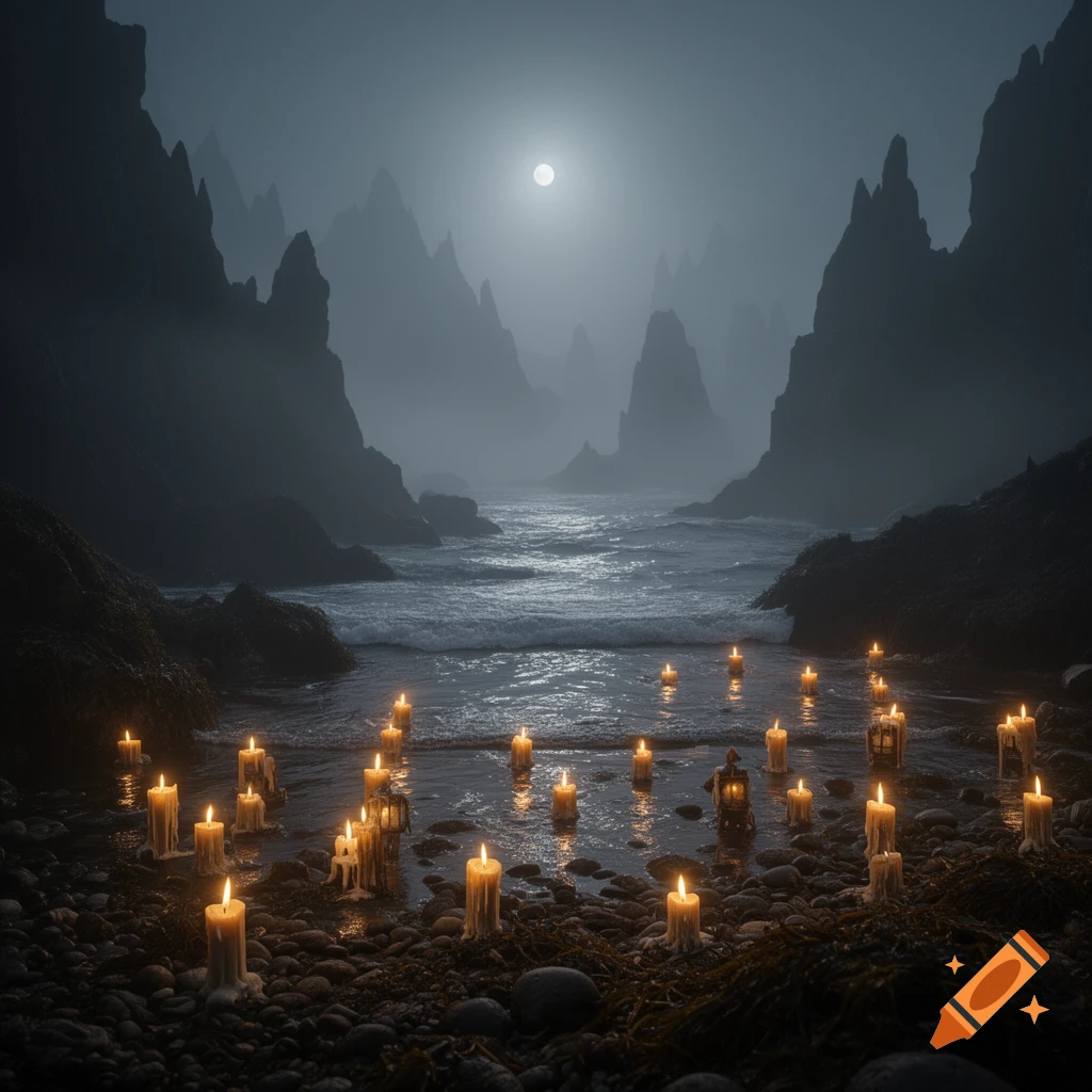 A moody night scene of a rocky cove under a full moon, with many lit candles scattered on the wet shore and in the shallow water.