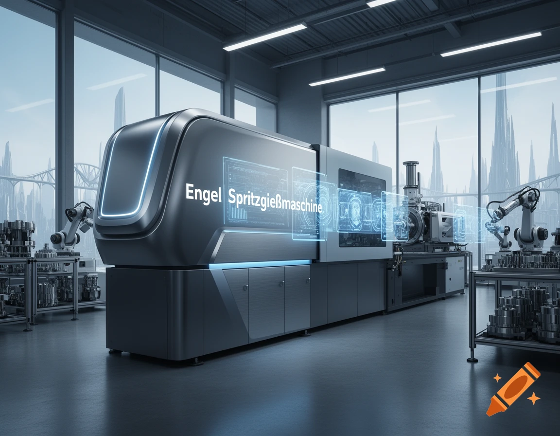 A sleek, futuristic industrial injection molding machine with holographic interfaces and robotic arms in a modern factory setting.