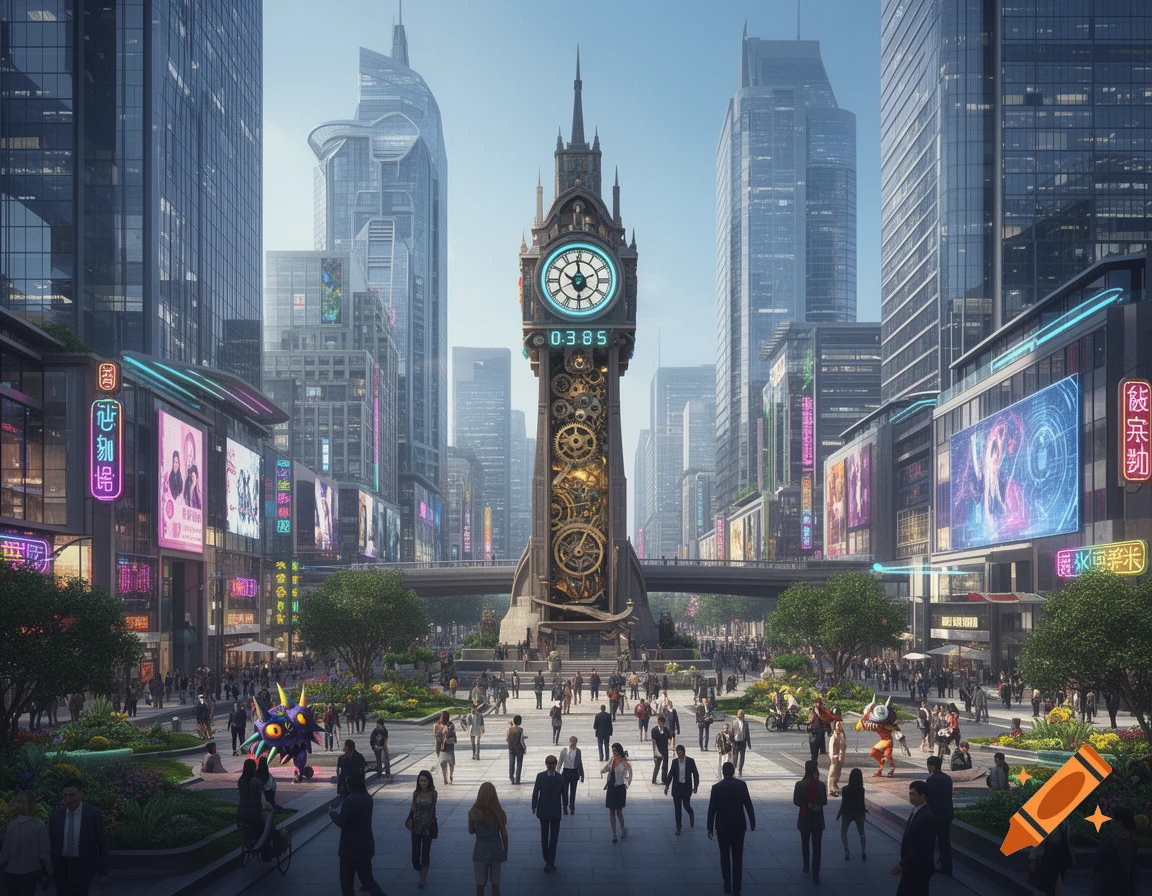 A bustling, vibrant futuristic city street at dusk, with towering skyscrapers and a large ornate clock tower in the center.