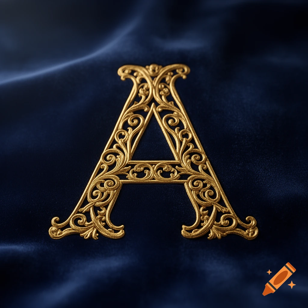 Golden ornate letter 'A' with intricate filigree on deep blue velvet fabric.