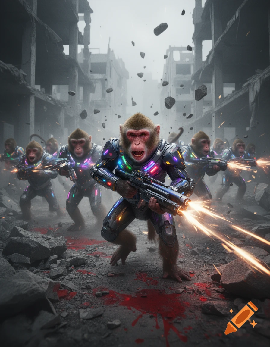 A troop of macaques in glowing futuristic armor with rifles fire lasers in a destroyed city with blood and debris.