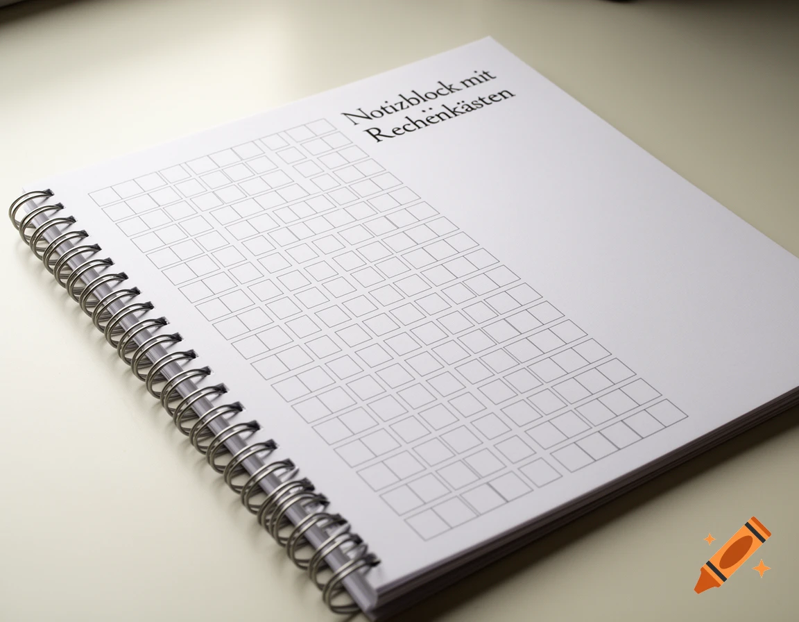 A white spiral-bound notebook with grid squares and German text "Notizblock mit Rechenkästen" on the cover.